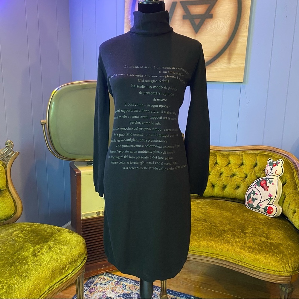 Vintage 90s/Y2K Krizia Made In Italy 100% Wool Turtleneck Fashion Quote Dress - Picture 2 of 7